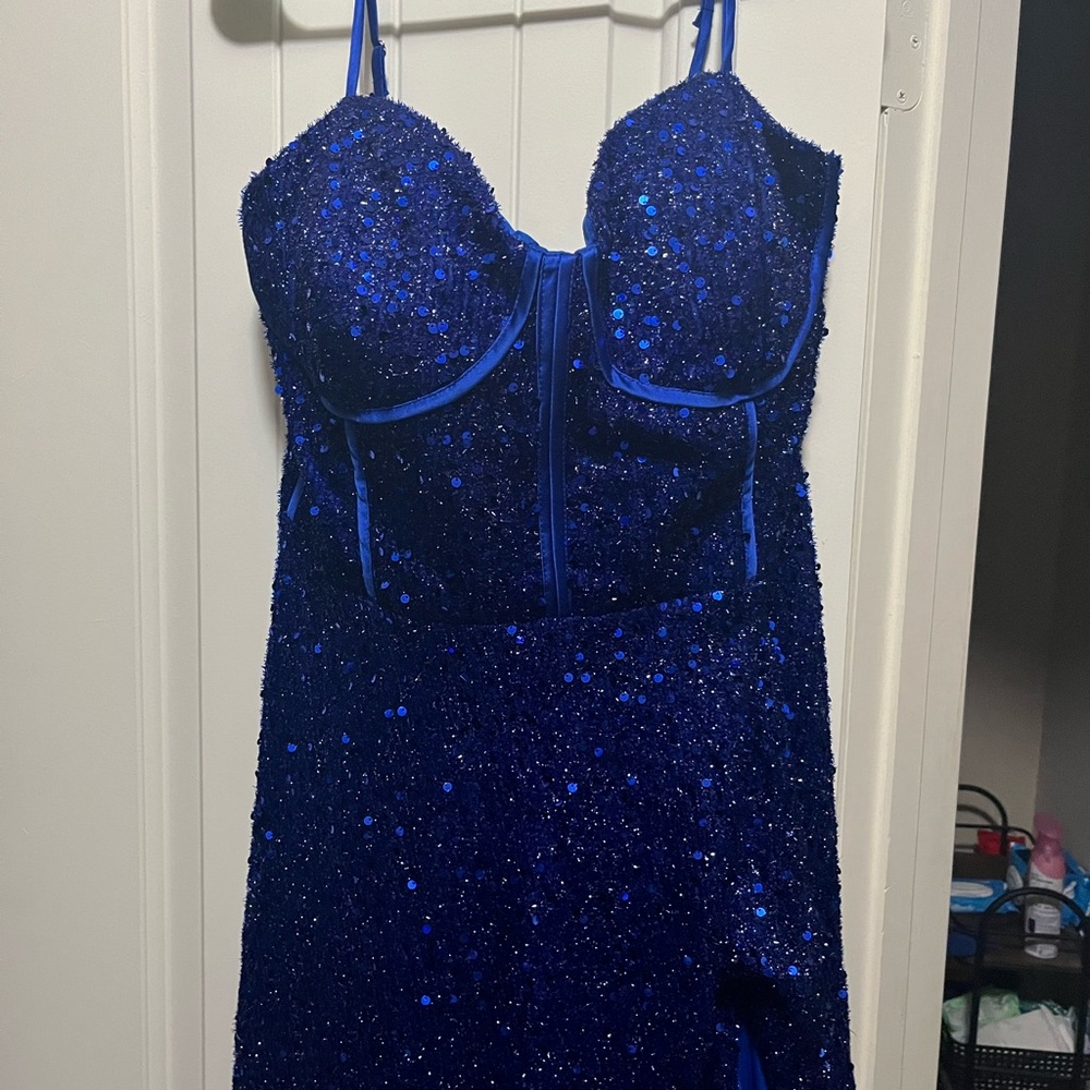 Royal Blue Sequin Prom Dress with Spaghetti Straps